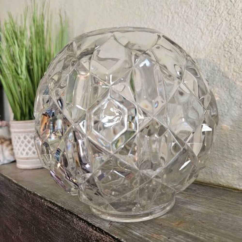 Vintage Clear Crystal Rose Bowl Globe Vase Star & Leaf Pattern